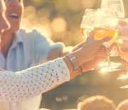 Group of friends having drinks at sunset. They are celebrating with a wine toast. They are smiling and happy. Lens flare